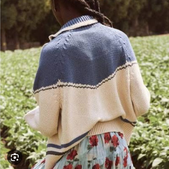 THE GREAT. The Ranch Cardigan in Cream with Denim / Blue Jean - Picture 3 of 8